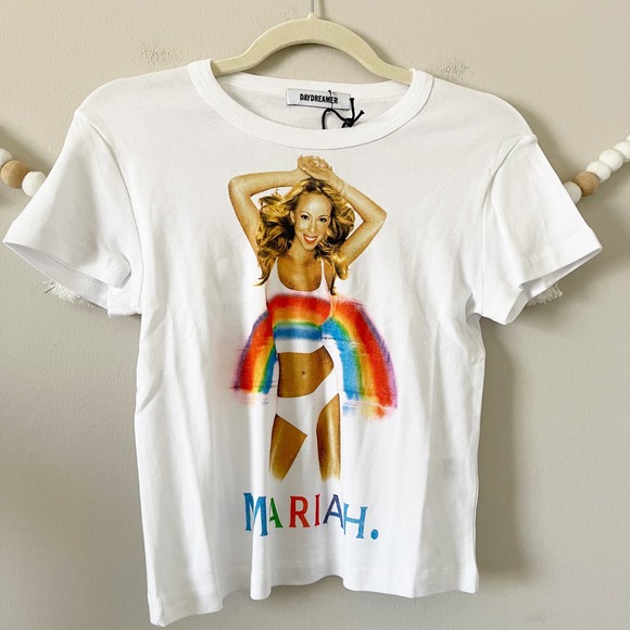 NEW Daydreamer Mariah Carey Rainbow Shrunken Tee Optic White Women's Size XS - Picture 11 of 13